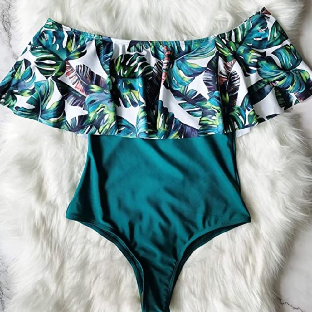 Telaura One Piece Flounce Swimsuit Women Ruffle Floral Print Monokini in Small